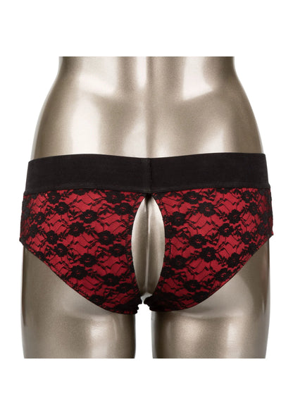 Zwart-rode crotchless panty op paspop, open kruis met ronde ring