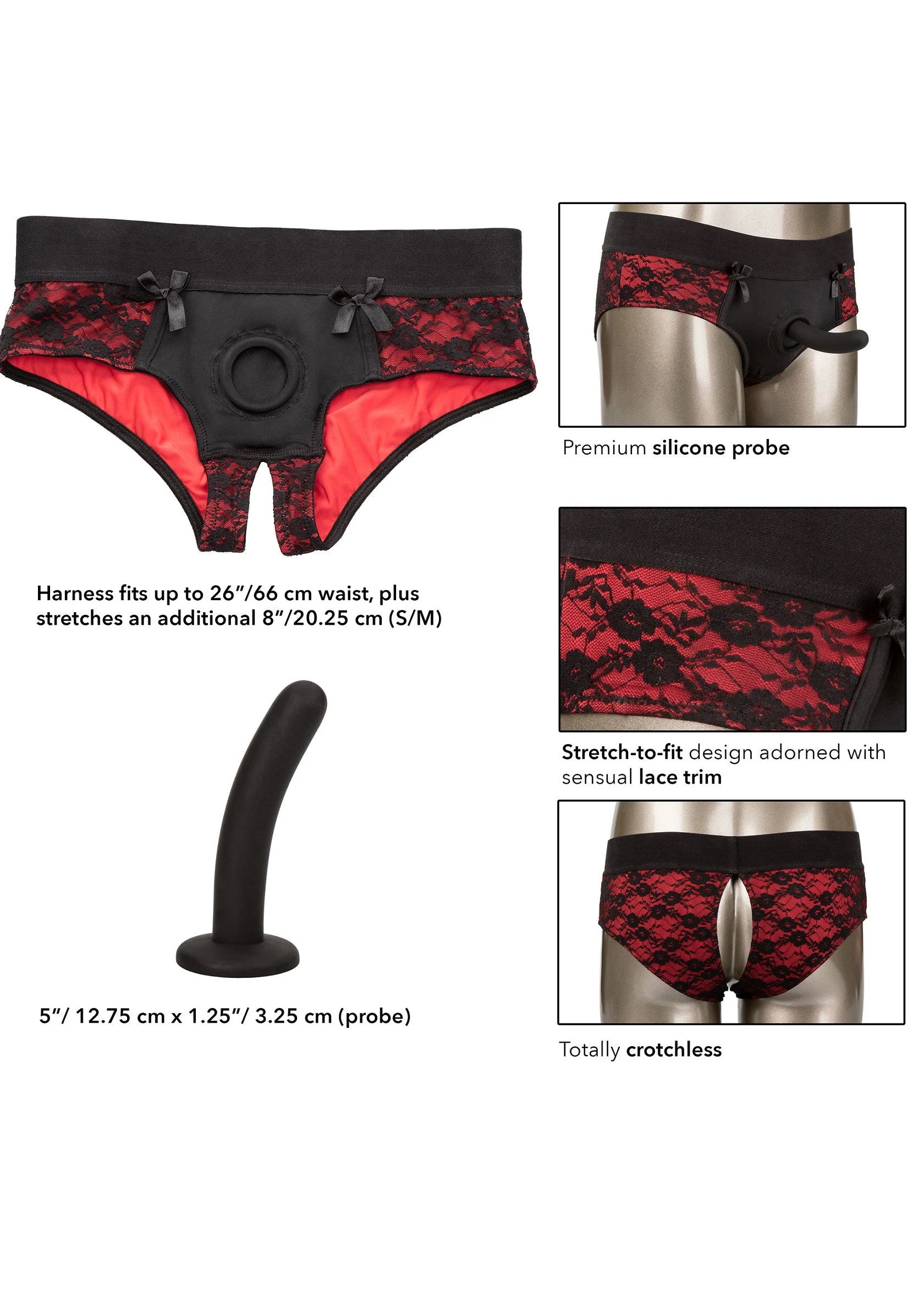 Crotchless panty met zwart-rood kant, ronde ring en strikdetails, met siliconen probe