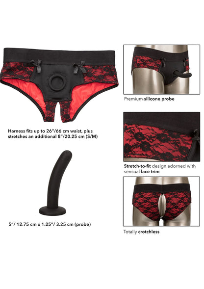 Crotchless panty met zwart-rood kant, ronde ring en strikdetails, met siliconen probe