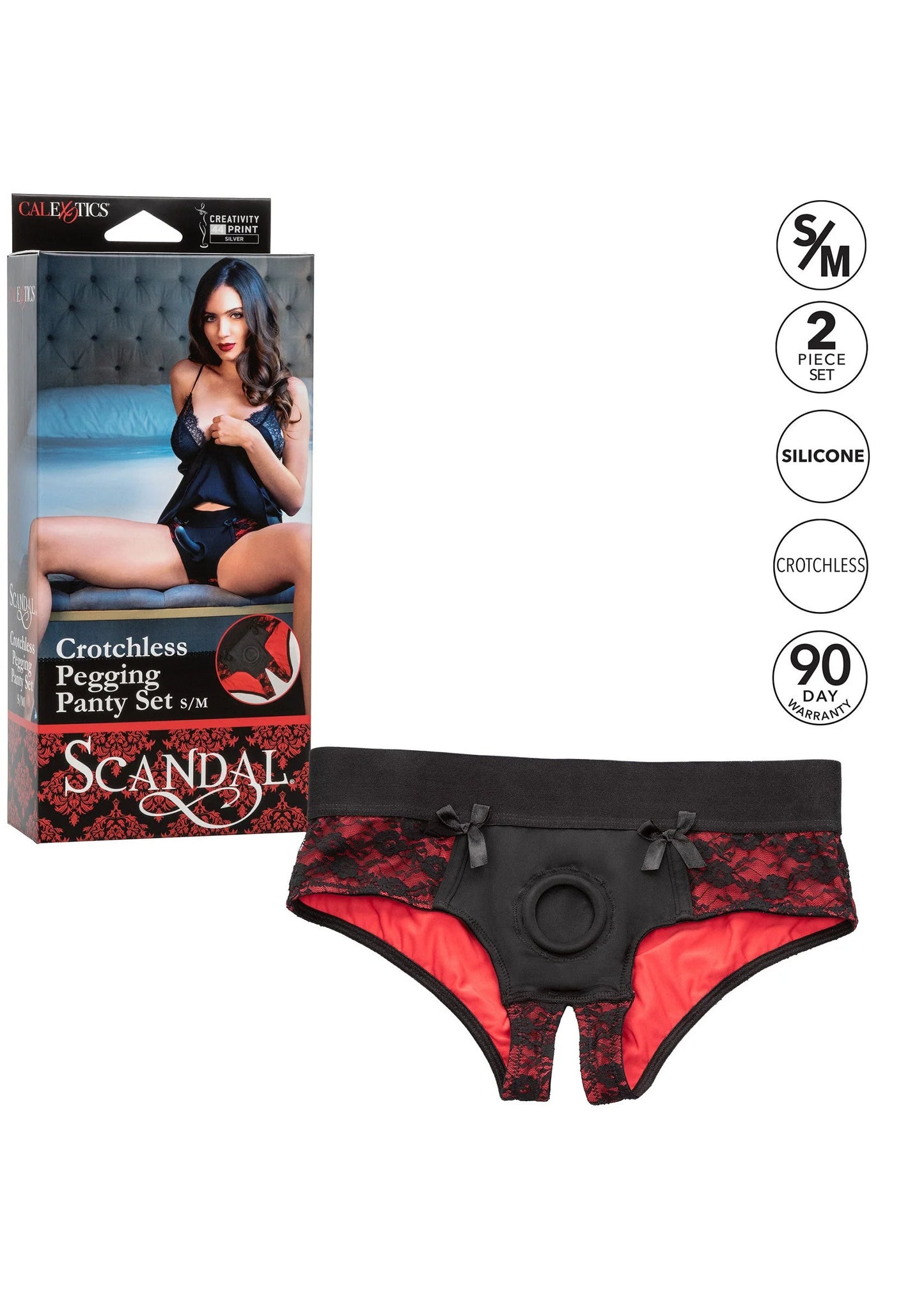 Crotchless panty met zwarte band en rood kant, S/M set met siliconen probe