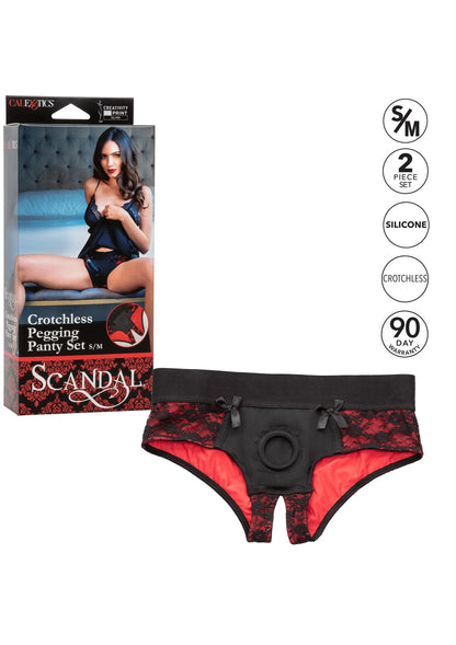 Crotchless panty met zwarte band en rood kant, S/M set met siliconen probe