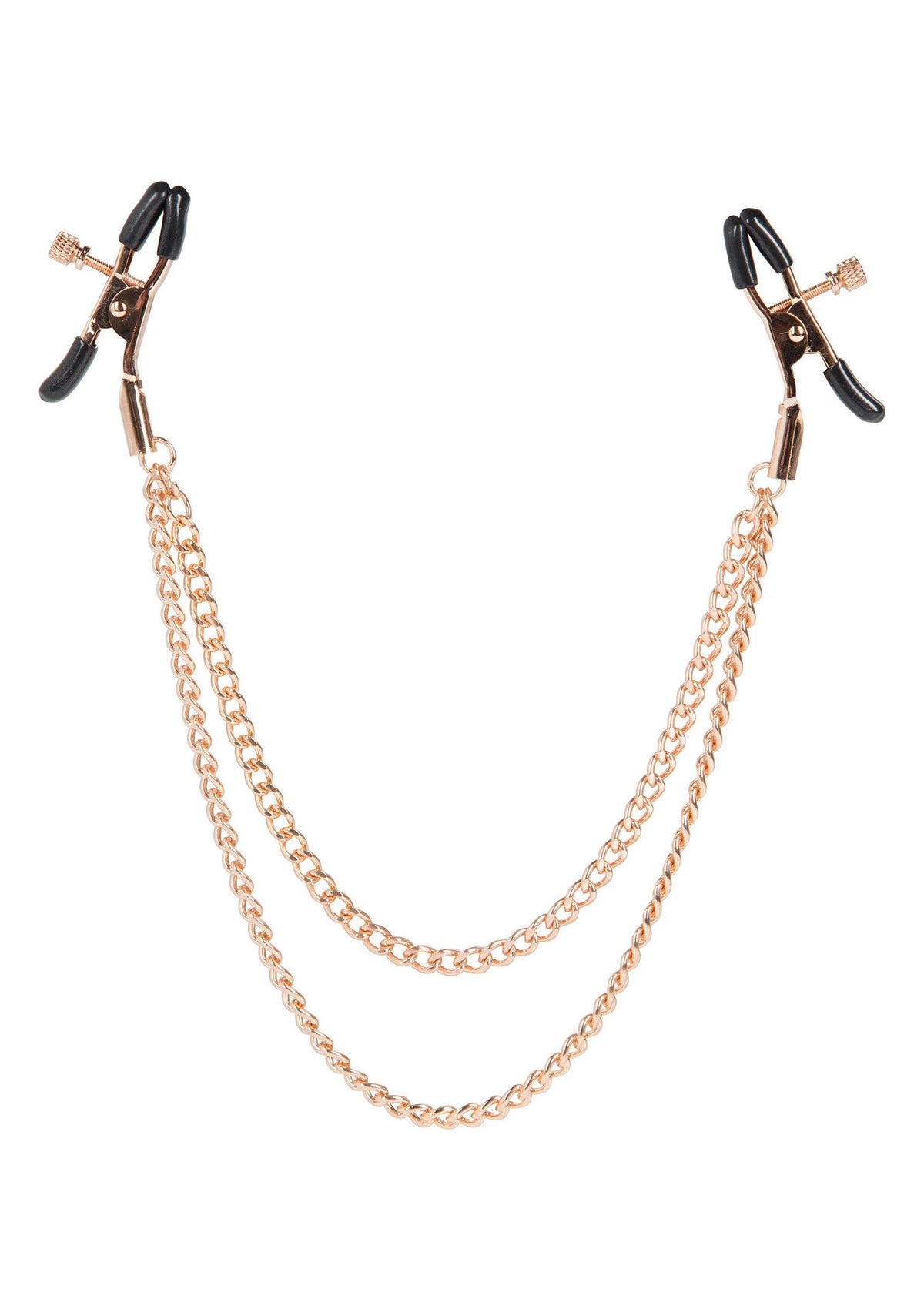 Twee intieme klemmen met rosegouden dubbele ketting en zwart klemmechanisme