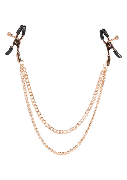 Twee intieme klemmen met rosegouden dubbele ketting en zwart klemmechanisme