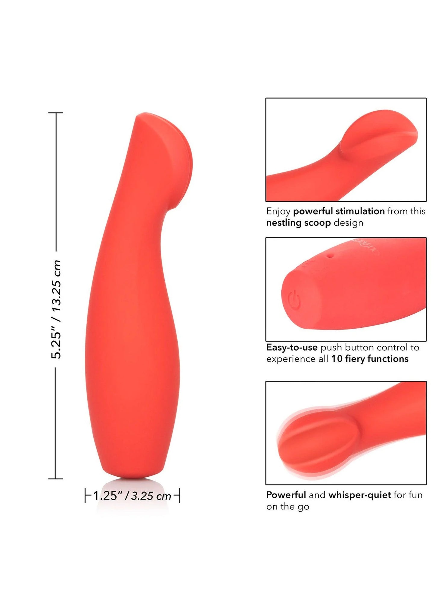 Rode siliconen vibrator met gebogen vorm en afgeronde kop, voor handbediening