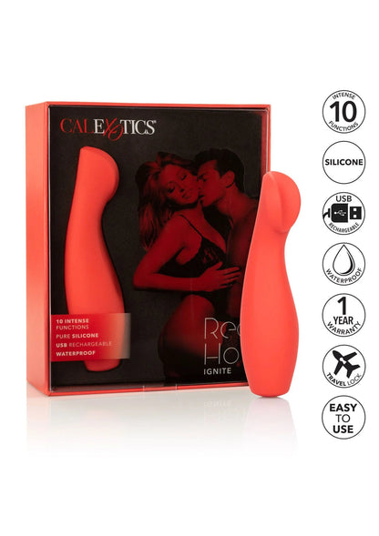 CalExotics Red Hot Ignite vibrator in verpakking, rode siliconen vorm met USB-logo