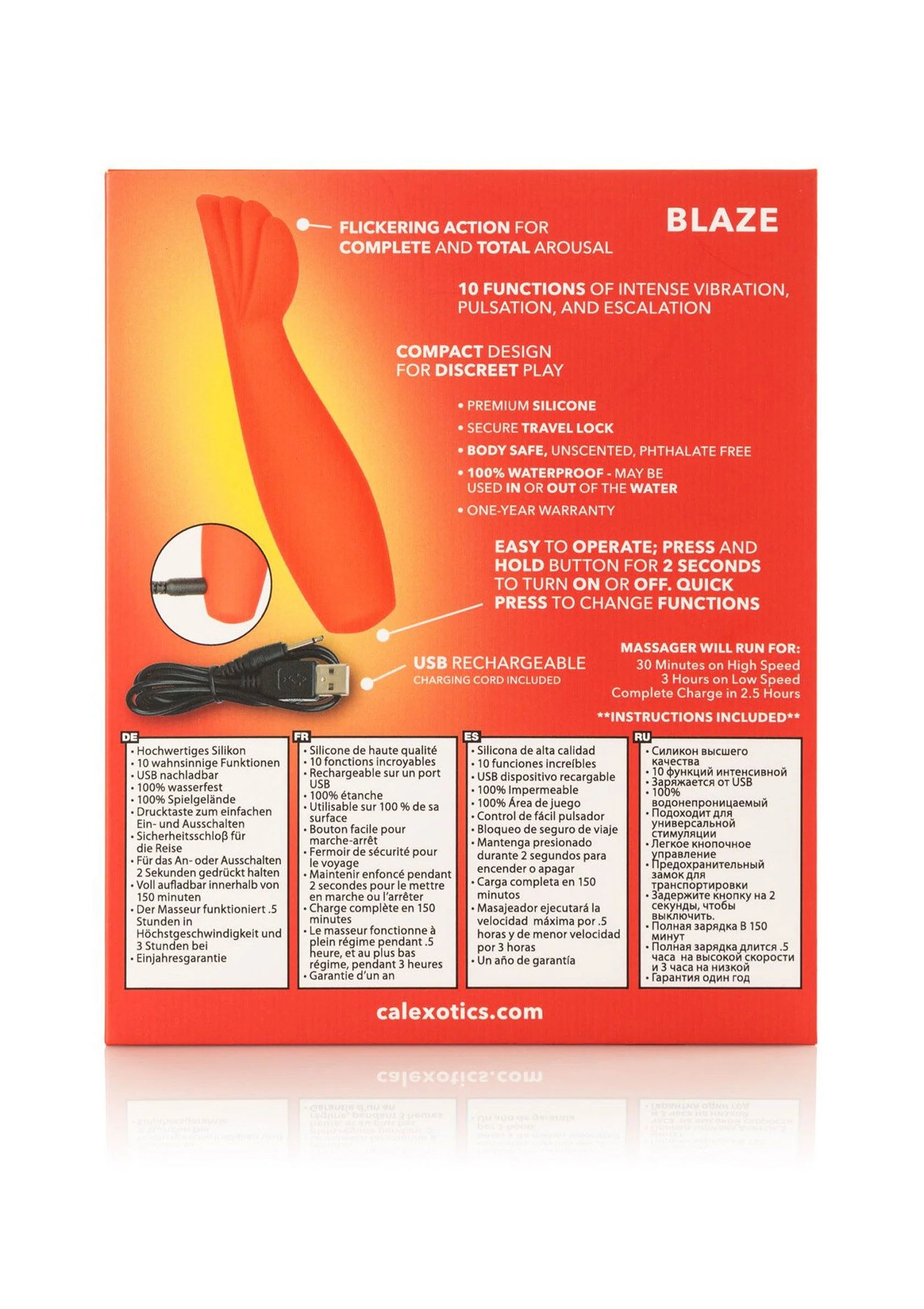CalExotics Blaze verpakking achterzijde met rode siliconen trilmassager en USB