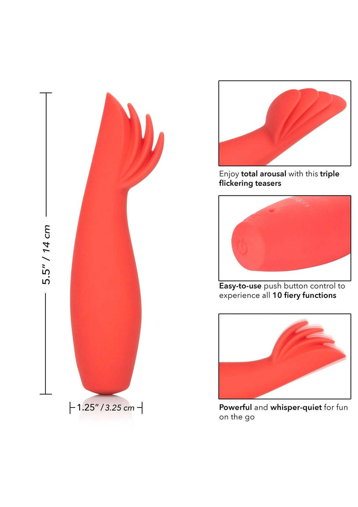 Rode CalExotics vibrator, slanke handgreep met knopbediening en opgegeven afmetingen.