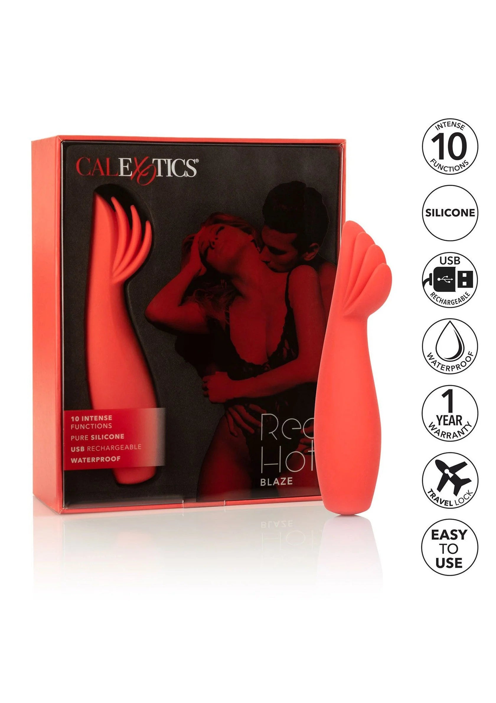 Rode CalExotics vibrator met opzetkam, in verpakking; silicone-look en 10 standen icoon.