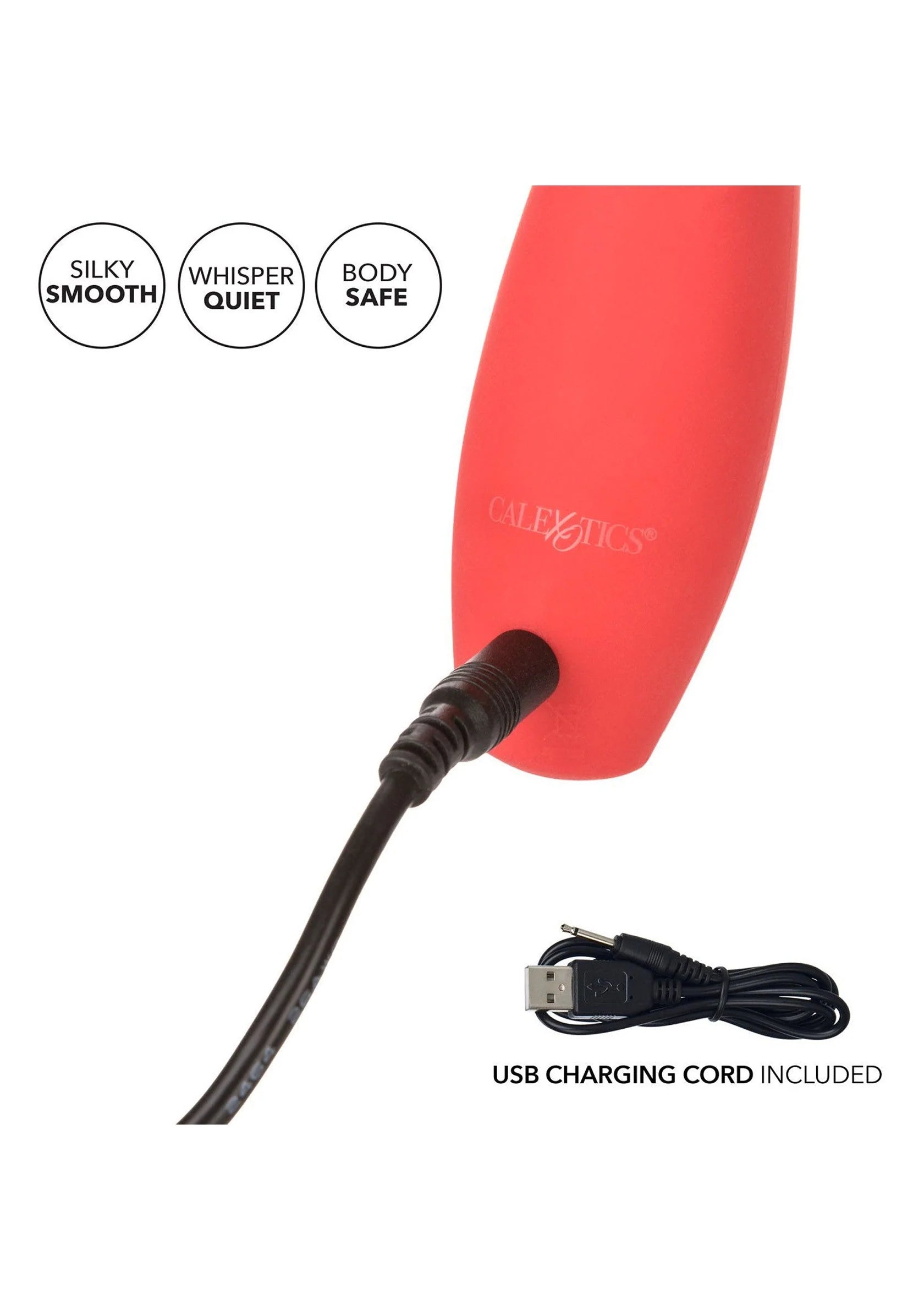 Rode CalExotics vibrator met USB-oplaadkabel en handgreep; zachte afwerking zichtbaar.