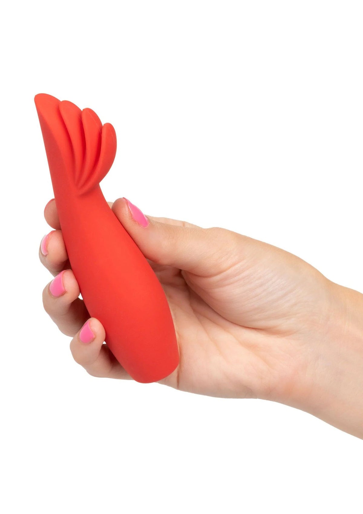 Rode CalExotics vibrator vastgehouden in de hand, slanke boogvorm met geribbelde tip.