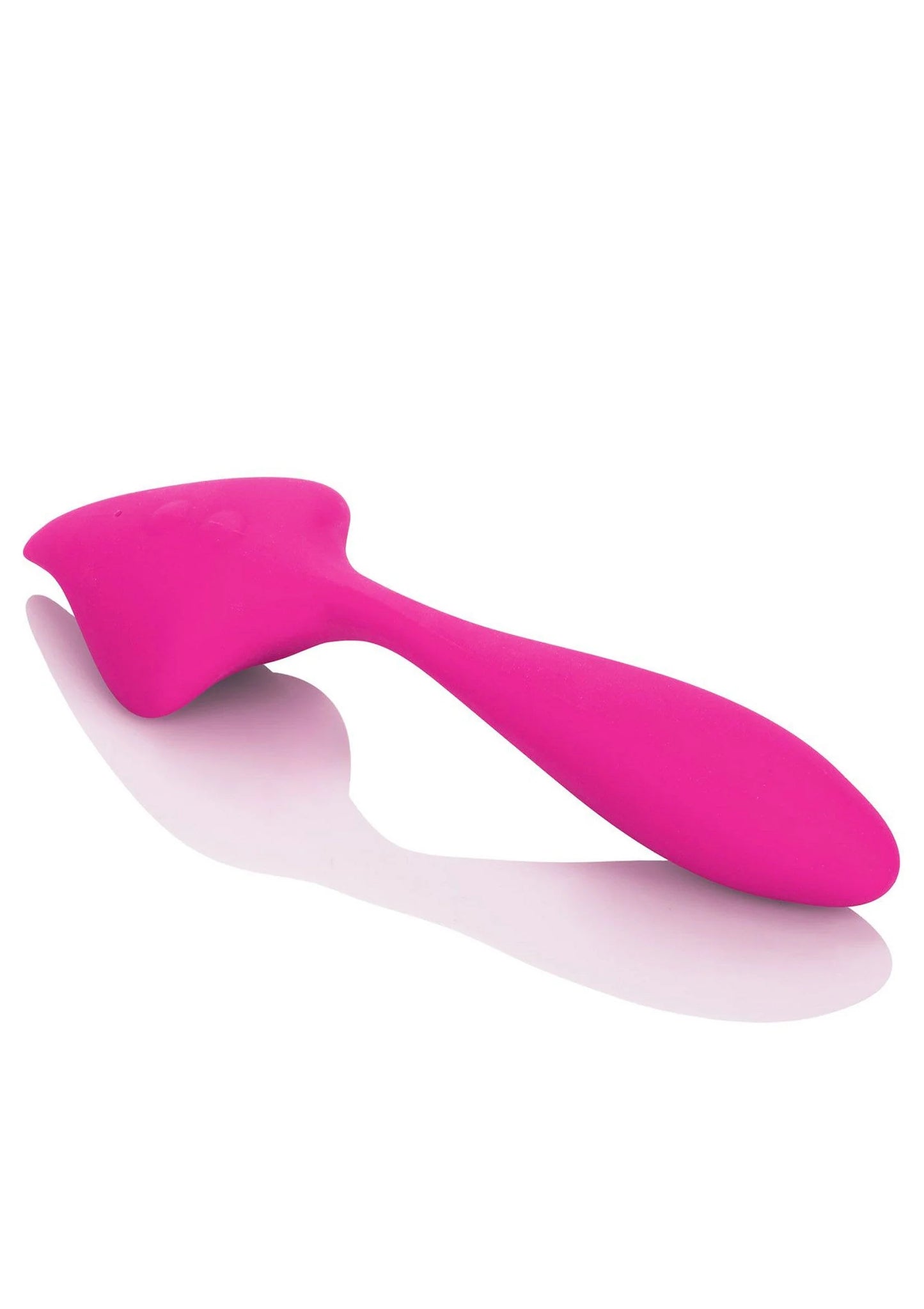 Fuchsia siliconen liefdesvibrator in zijaanzicht met brede kop en afgerond uiteinde