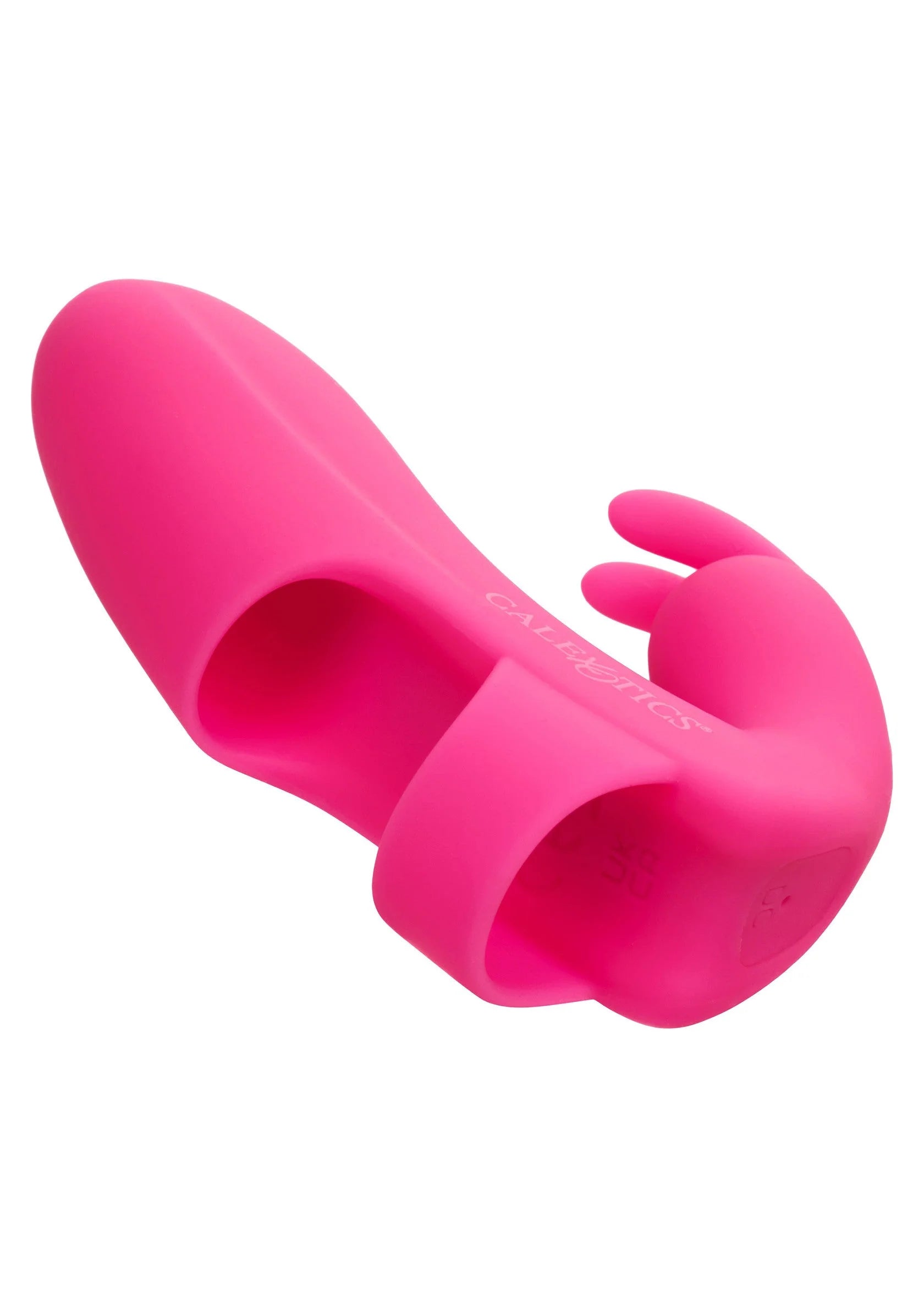 Roze siliconen vibrerende konijnvorm in hoekaanzicht, met holle opening en oorjes