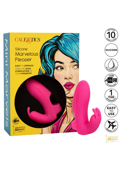 Verpakkingsdoos CalExotics met roze siliconen vibrerende konijnvorm en keurmerken