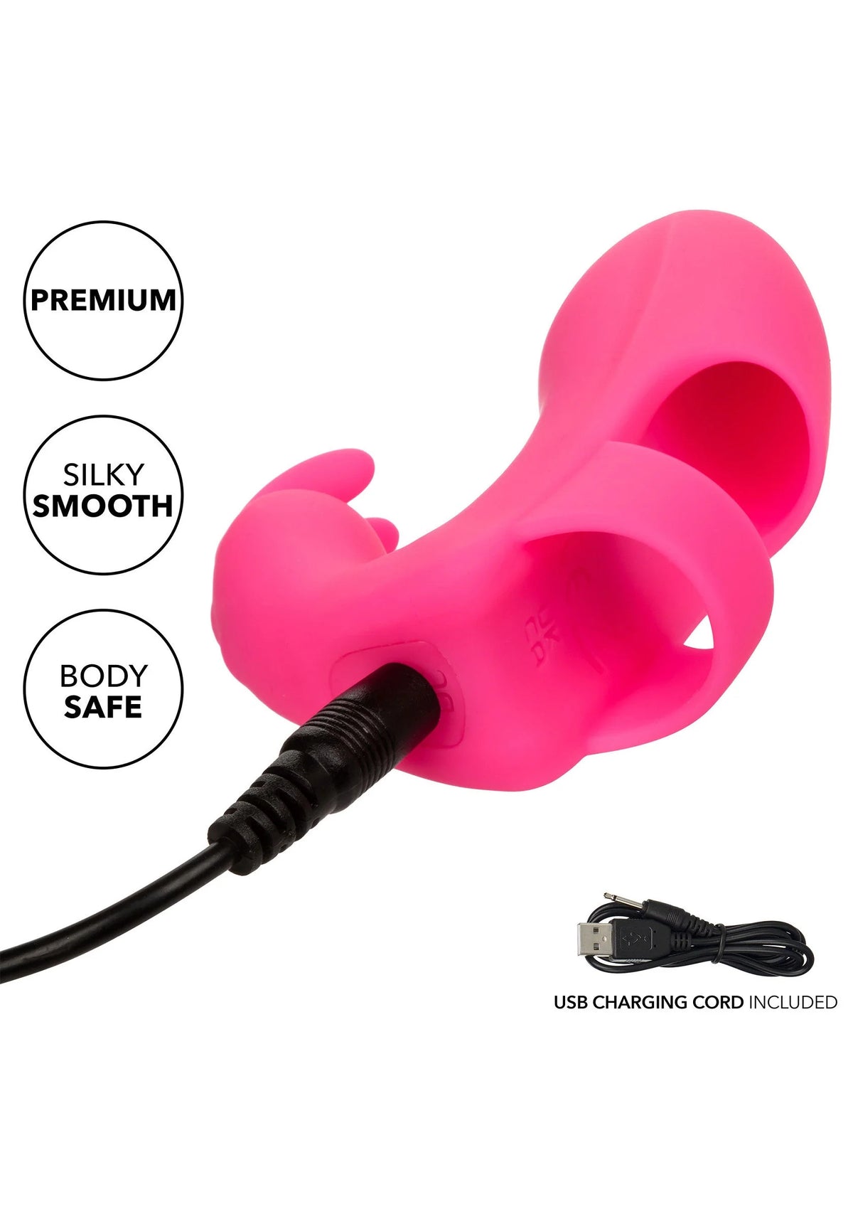 Roze siliconen vibrerende konijnvorm met zwarte USB-oplaadkabel, premium en glad label