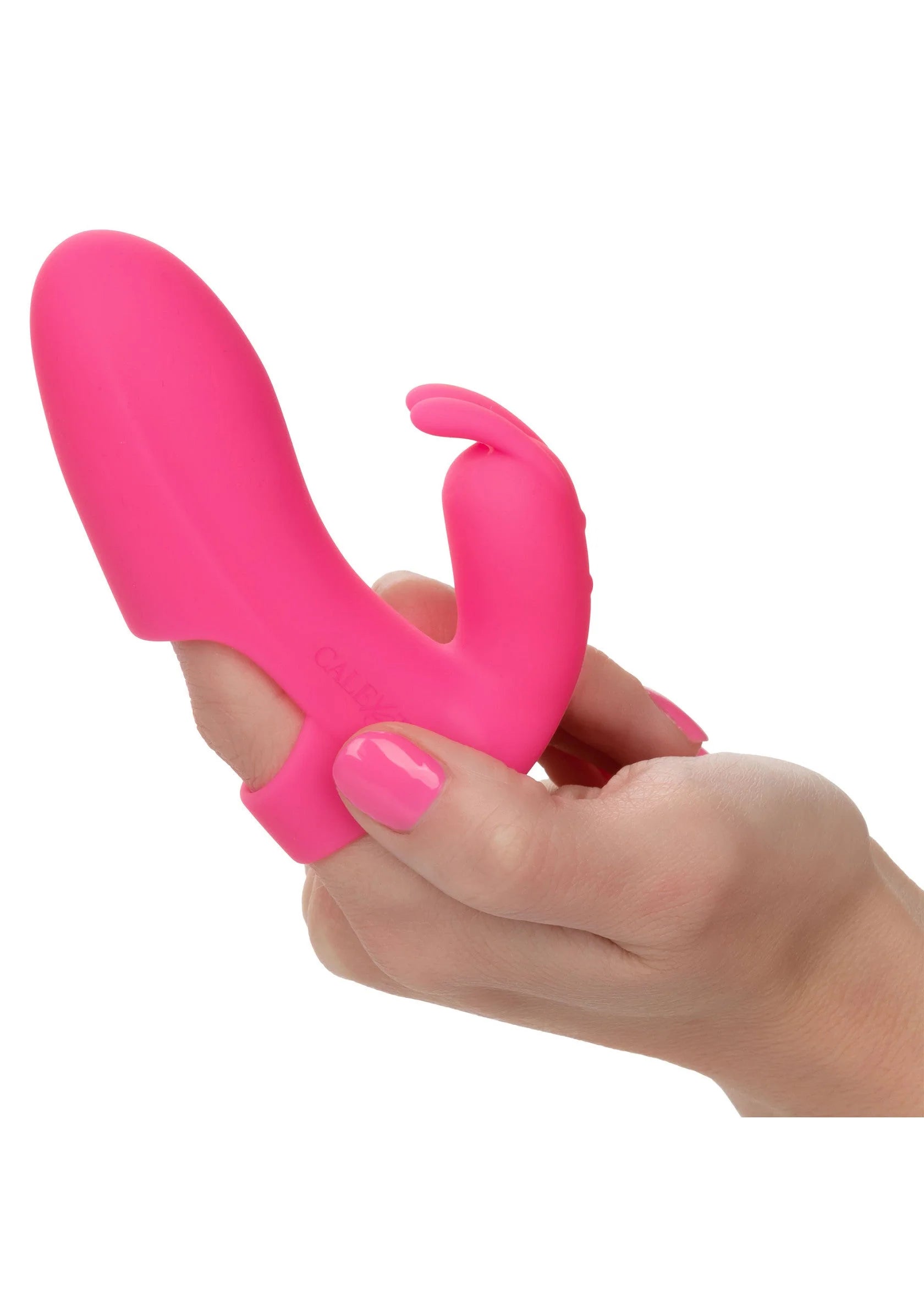 Roze siliconen vibrerende konijnvorm in hand, met opstaande oorvorm en ronde basis