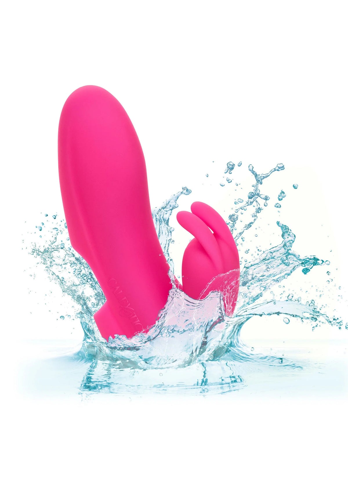 Roze siliconen vibrerende konijnvorm op spetterend water, met opstaande oorjes