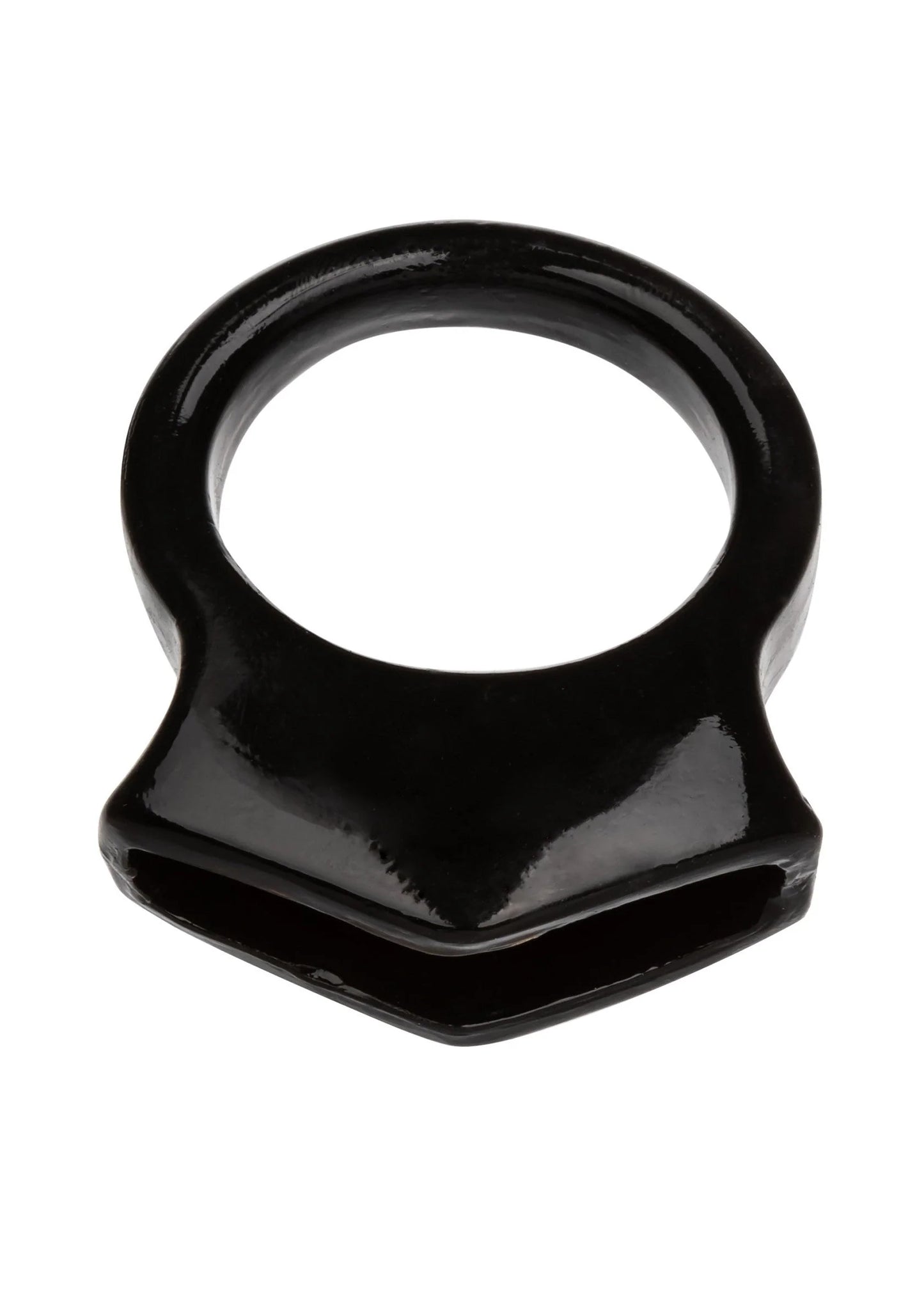 Zwarte cockring met brede basis en gladde, glanzende afwerking.