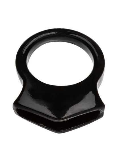 Zwarte cockring met brede basis en gladde, glanzende afwerking.