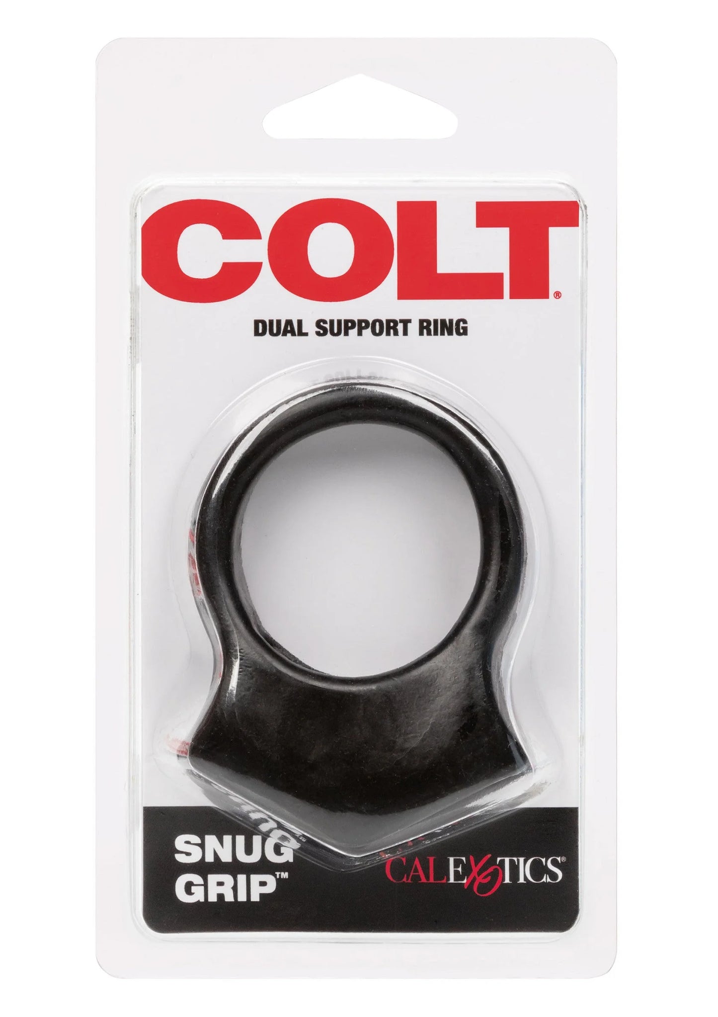 Verpakking van COLT dual support ring met zwarte cockring en label 'SNUG GRIP'.