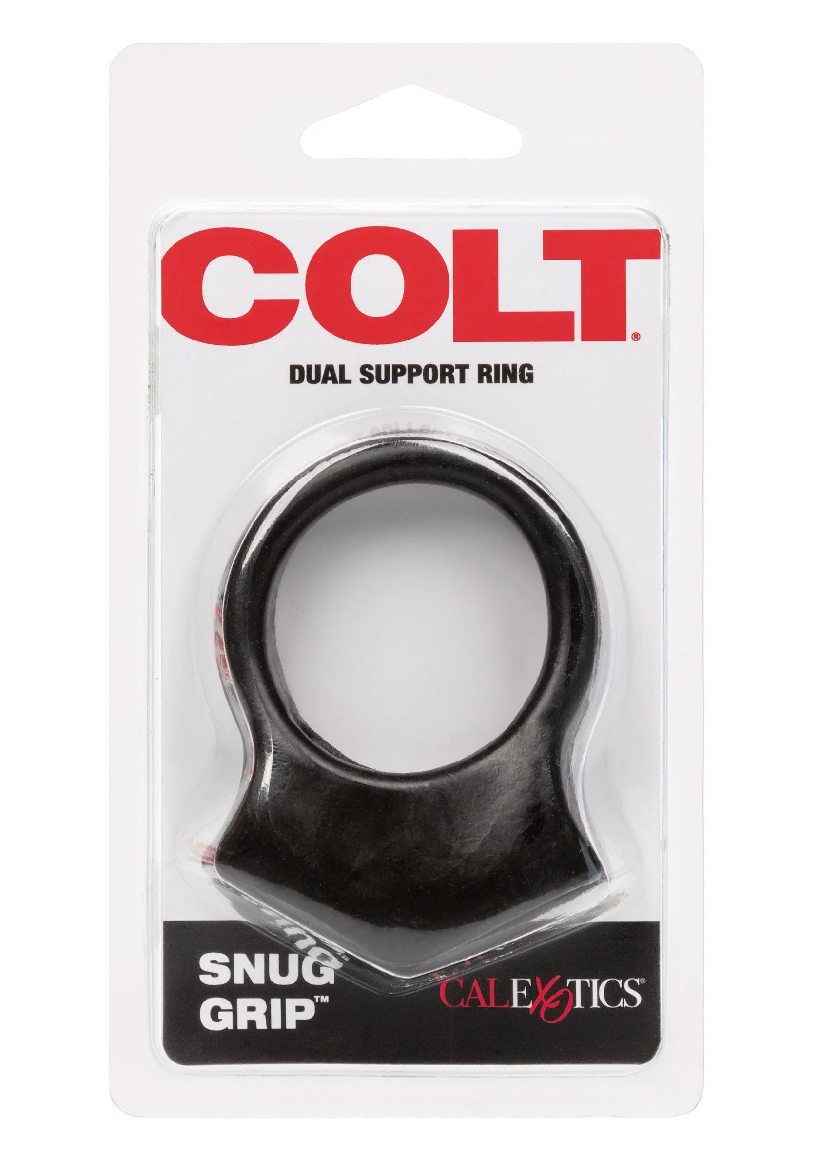 Verpakking van COLT dual support ring met zwarte cockring en label 'SNUG GRIP'.
