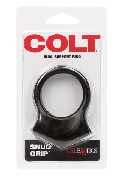 Verpakking van COLT dual support ring met zwarte cockring en label 'SNUG GRIP'.