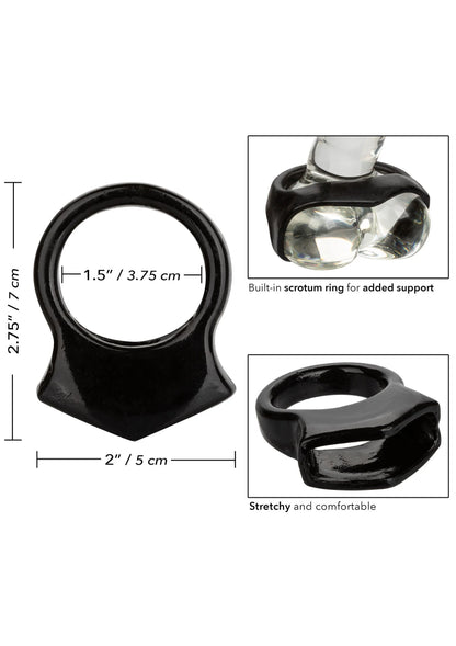 Zwarte cockring met brede rand en ingebouwde steunring; afmetingen op afbeelding.