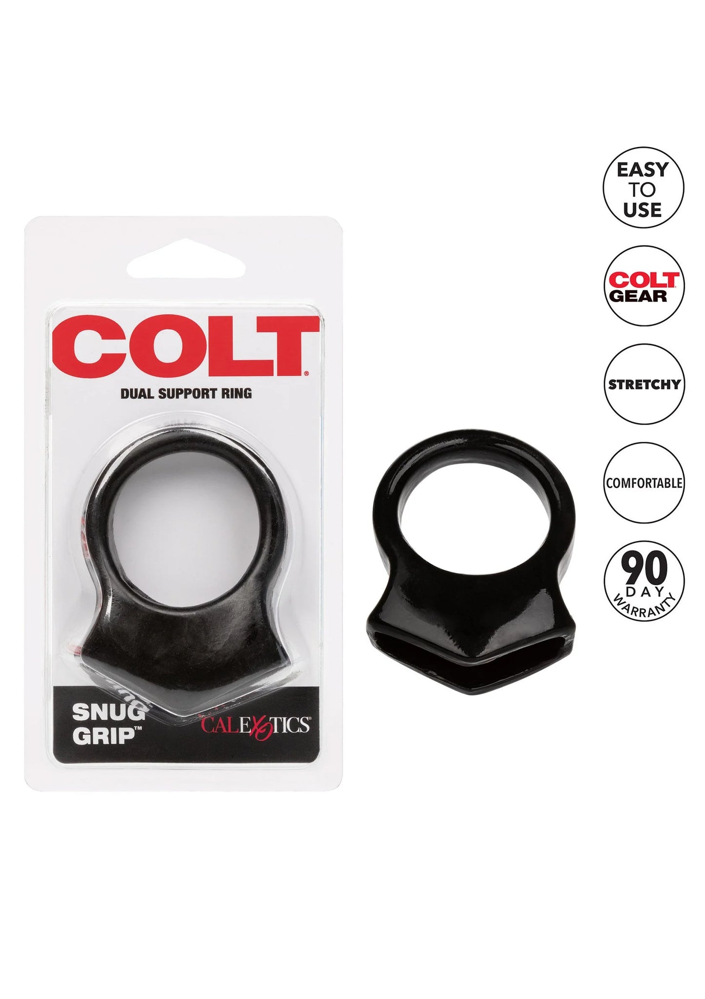 COLT dual support ring verpakking met zwarte cockring en 'SNUG GRIP' aanduiding.
