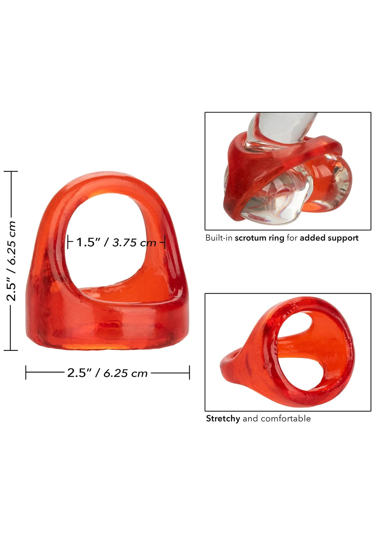Oranje XL cockring met ronde opening, gestileerde vorm en maatweergave