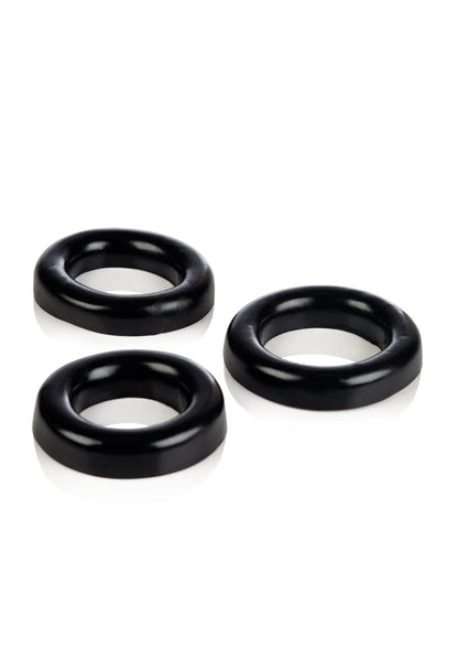 Cockring-set van 3 zwarte ringen, drie stuks naast elkaar.