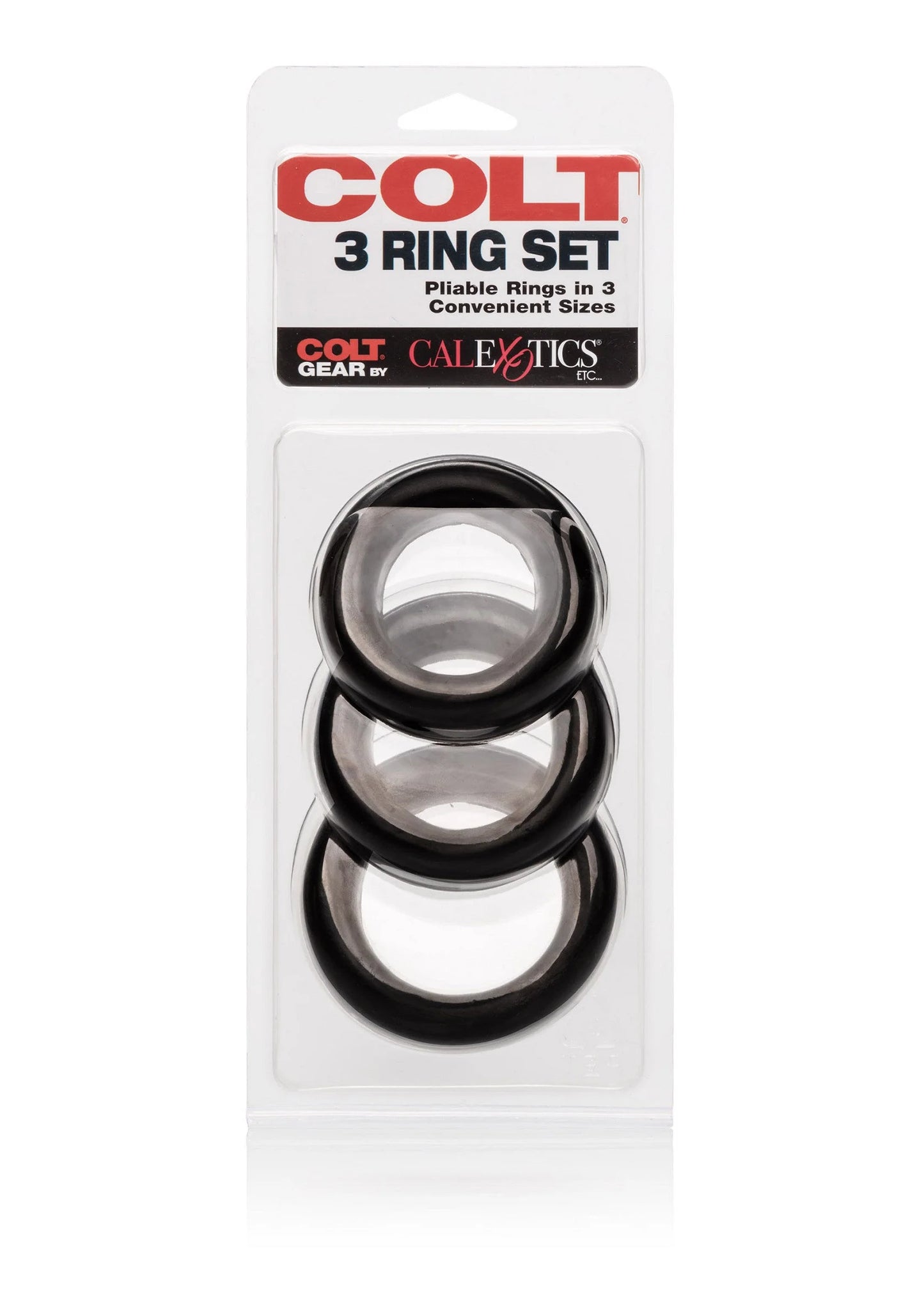 Verpakte cockring-set met drie zwarte ringen voor CalExotics.