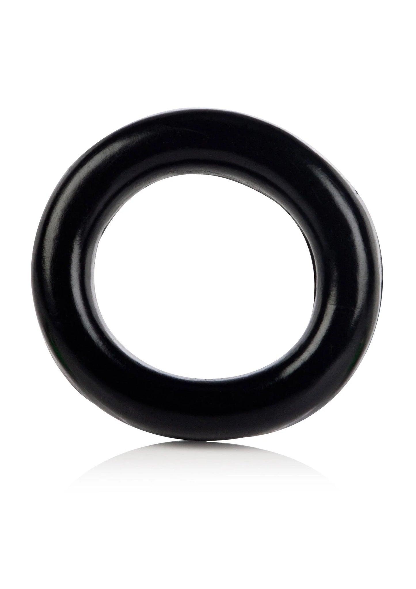 Zwarte cockring met ronde opening, gladde ring, close-up.