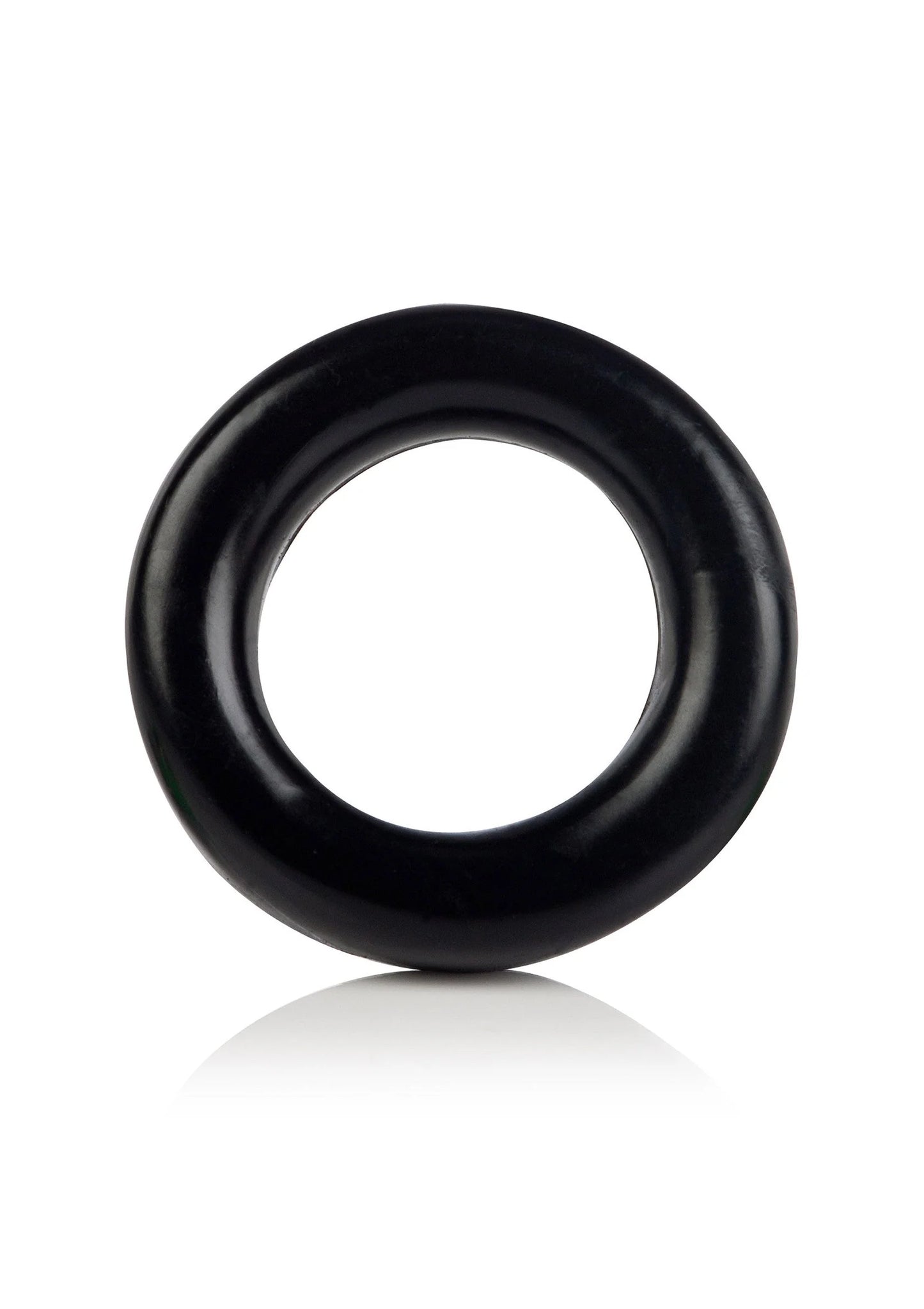 Zwarte cockring met ronde opening, enkele ring op witte achtergrond.