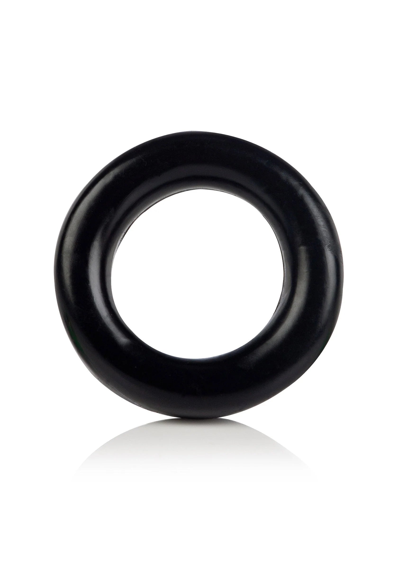 Zwarte cockring met ronde opening, enkele ring op witte achtergrond.