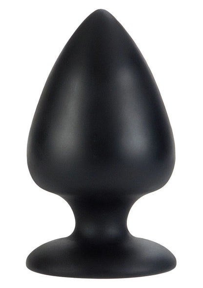Zwarte buttplug met taps toelopende vorm en brede basis