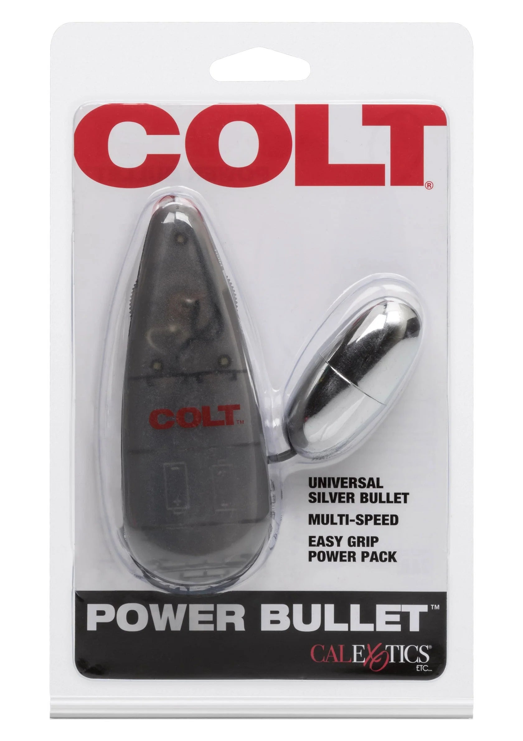 CalExotics bullet-vibrator in verpakking: zwart toestel met zilverkleurige kop