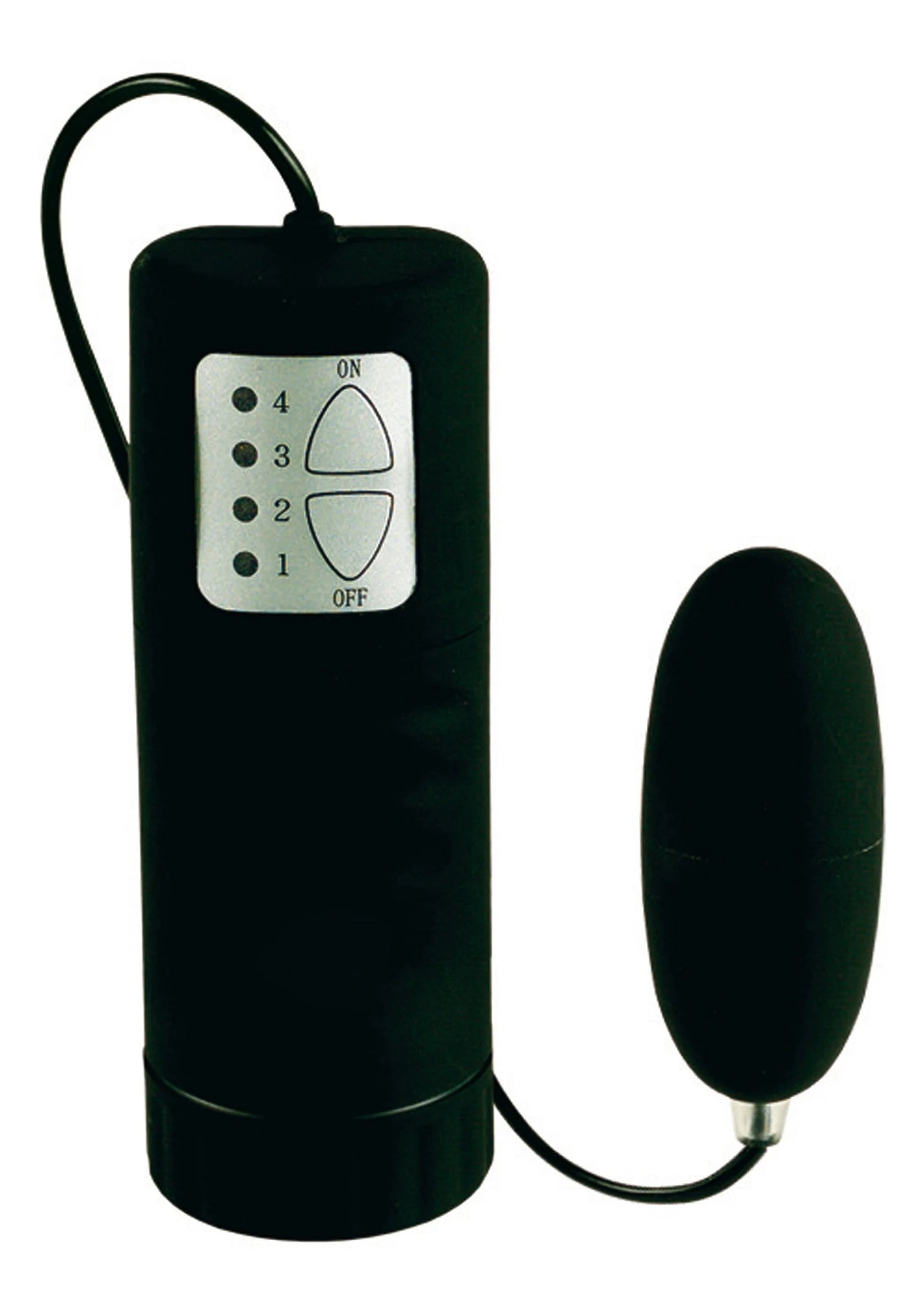 Zwart bedienkastje met ON/OFF en standen, kabel naar kogelvibrator met gladde behuizing