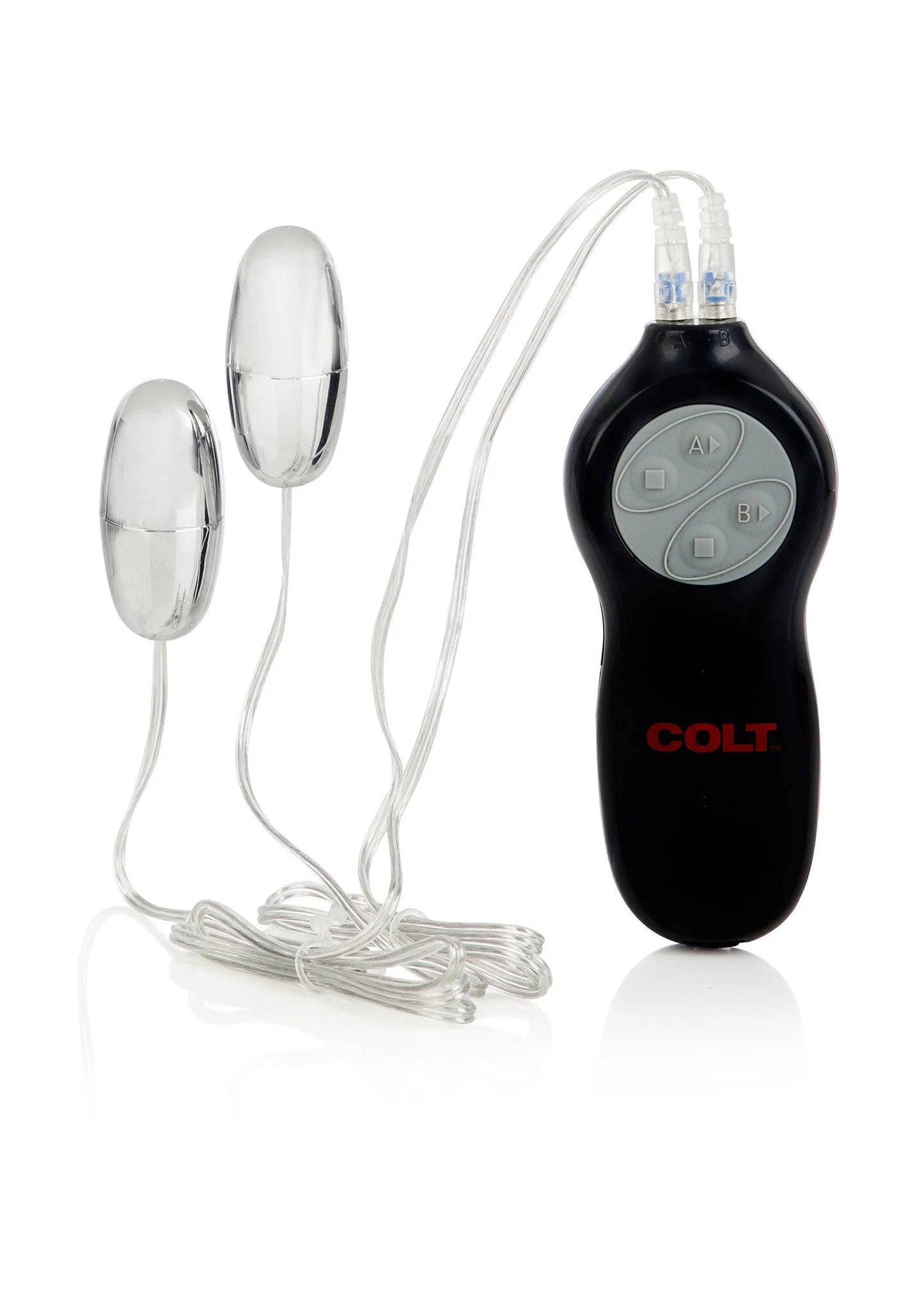 Dubbele vibrator-set met zwarte controller, twee zilverkleurige bullet-onderdelen en koorden