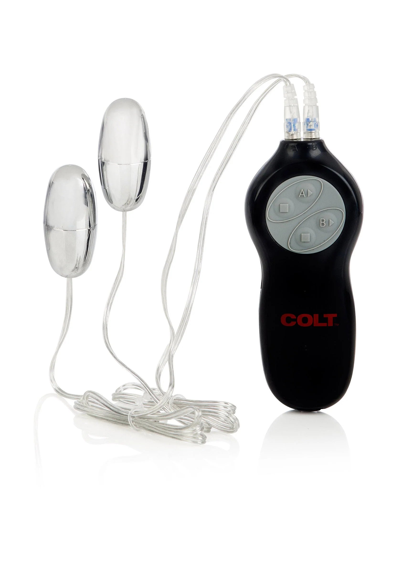 Dubbele vibrator-set met zwarte controller, twee zilverkleurige bullet-onderdelen en koorden