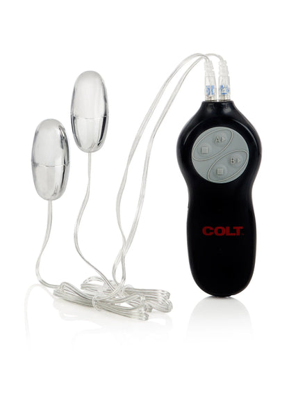 Dubbele vibrator-set met zwarte controller, twee zilverkleurige bullet-onderdelen en koorden