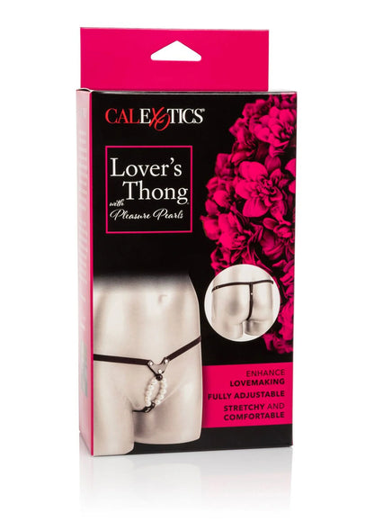 CalExotics verpakking van Lover’s Thong met afbeelding van zwarte tanga en witte parels.