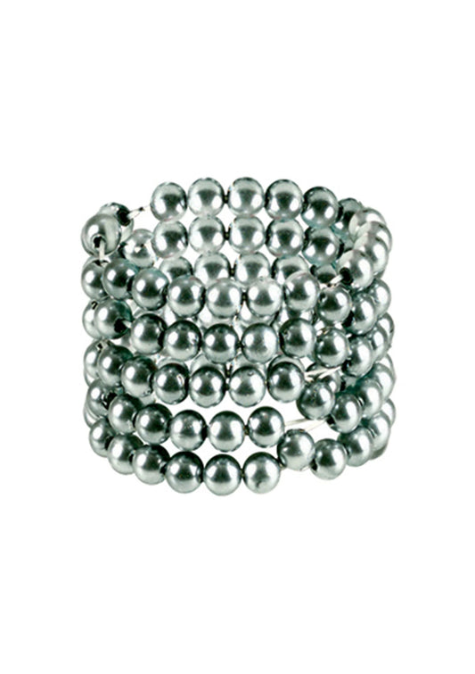 Kralenring met zilverkleurige metalen kralen, ronde rijen in compacte opgerolde vorm