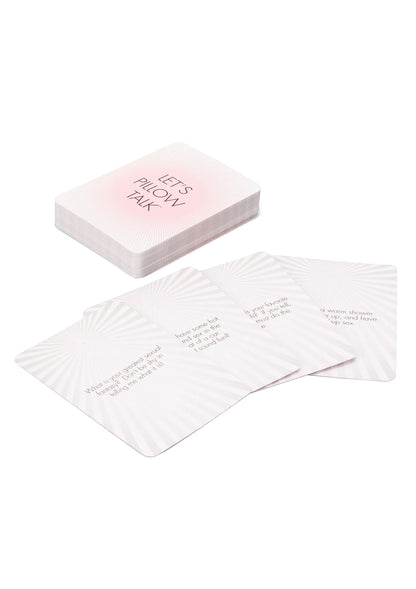 Gesprekskaartjes CalExotics, stapel en losse kaartjes met tekst 'Let’s Pillow Talk'