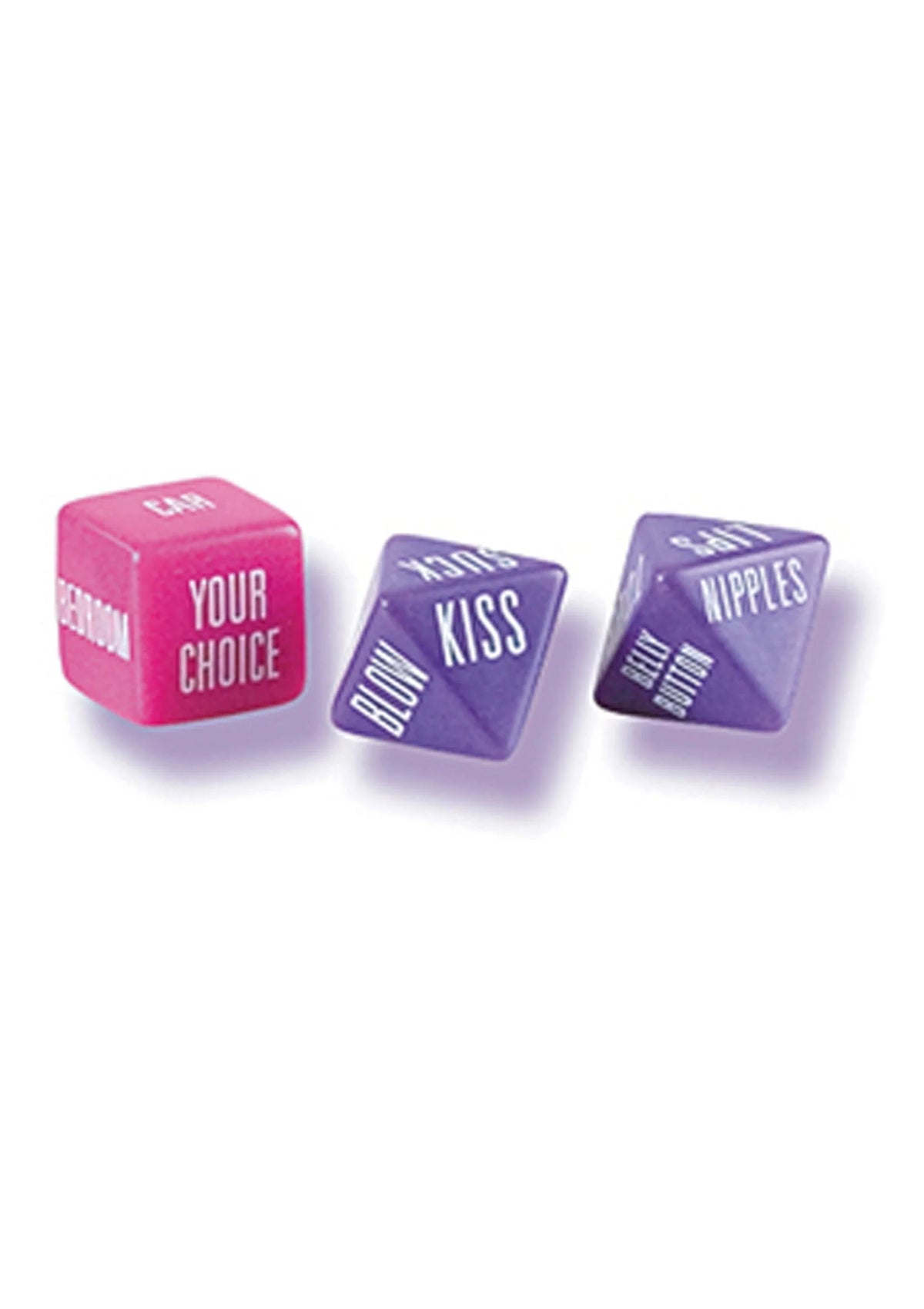 Spicy dobbelstenen CalExotics: roze 'YOUR CHOICE' en paarse 'KISS' en 'NIPPLES'