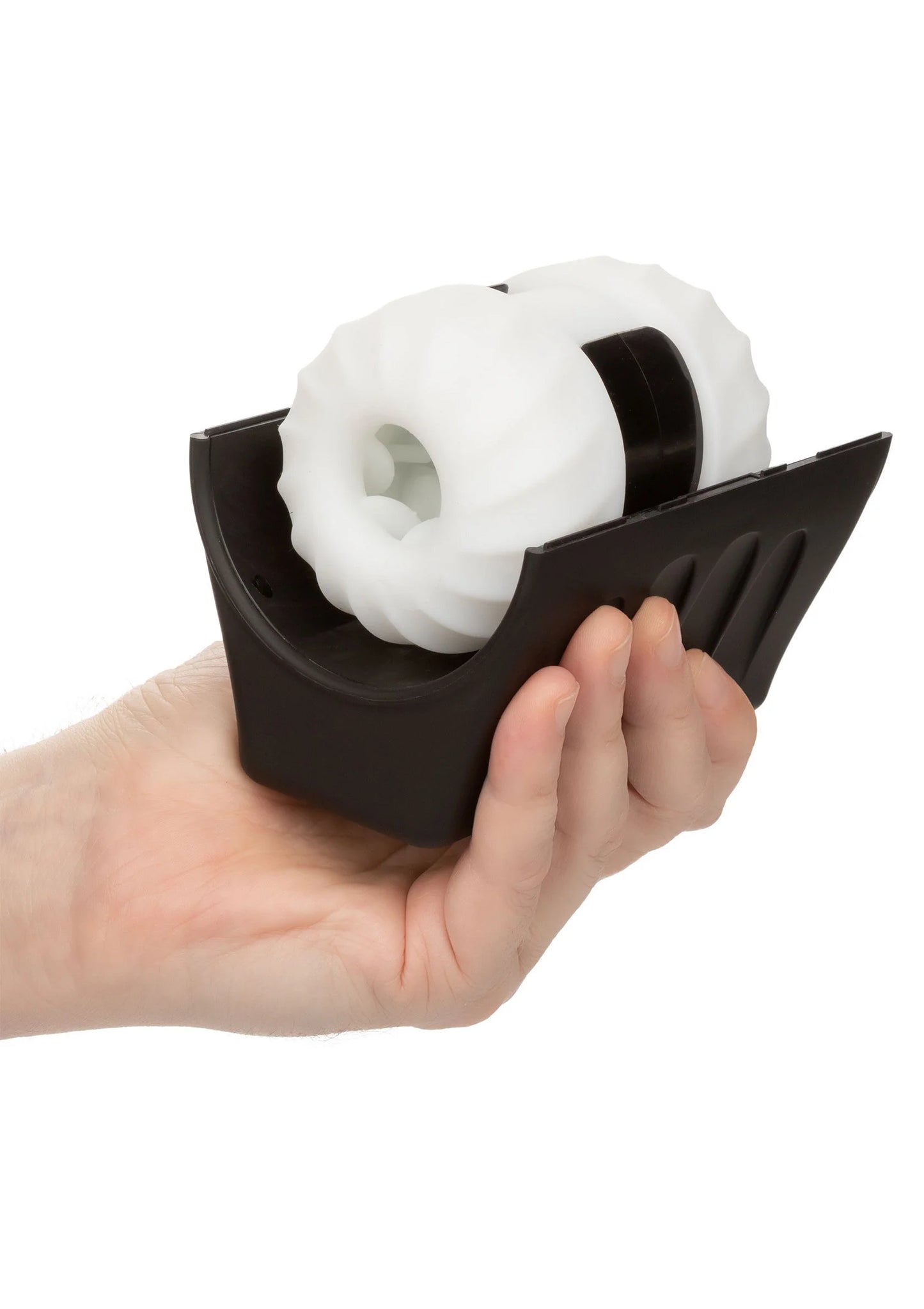 Zwarte thruster in hand met witte inzet in ronde opening