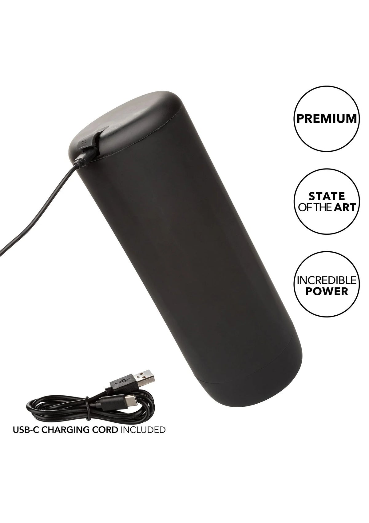 Zwarte, cilindrische vibrator met USB-C laadkabel; bovenop bedieningsknoppen.