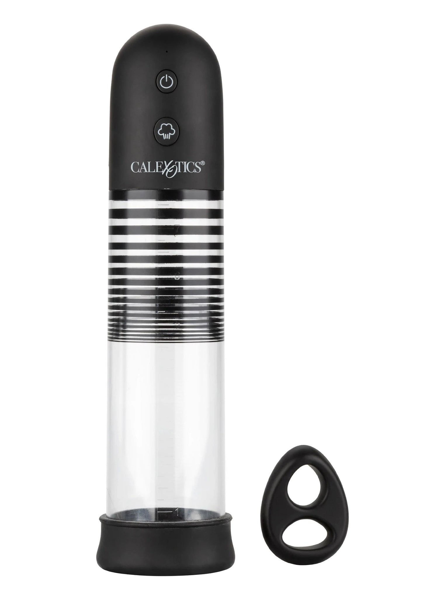 CalExotics oplaadbare pomp met transparante cilinder en zwarte knoppen plus siliconen ring