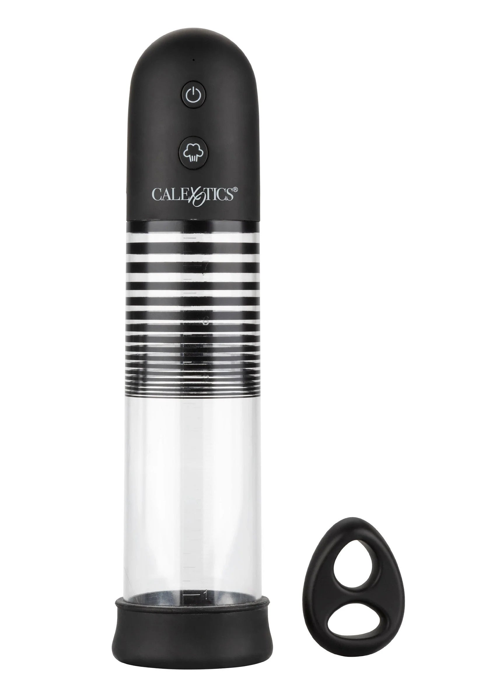 CalExotics oplaadbare pomp met transparante cilinder en zwarte knoppen plus siliconen ring