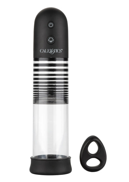 CalExotics oplaadbare pomp met transparante cilinder en zwarte knoppen plus siliconen ring