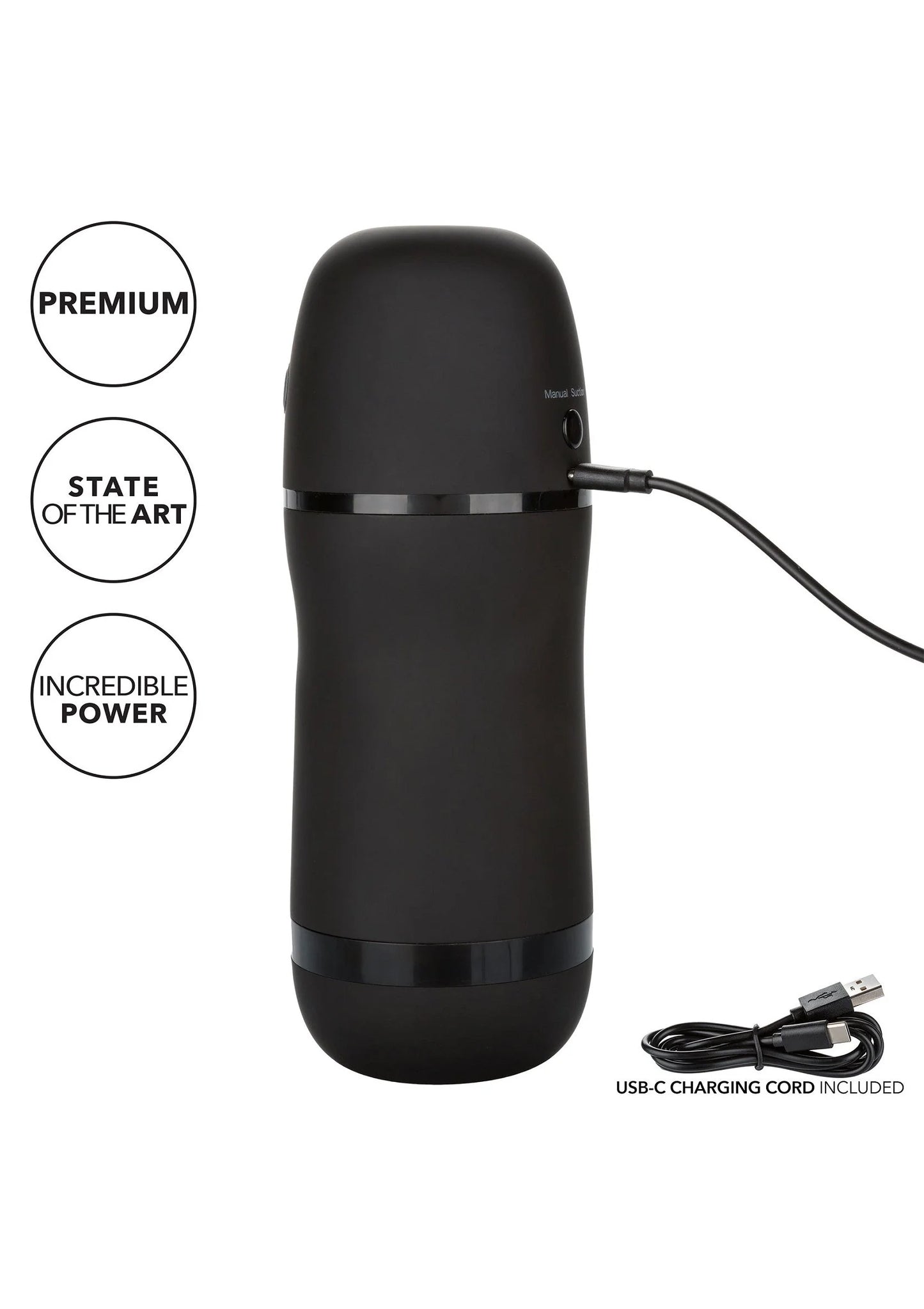 Zwarte masturbator met laadkabel aangesloten, USB-C voor opladen