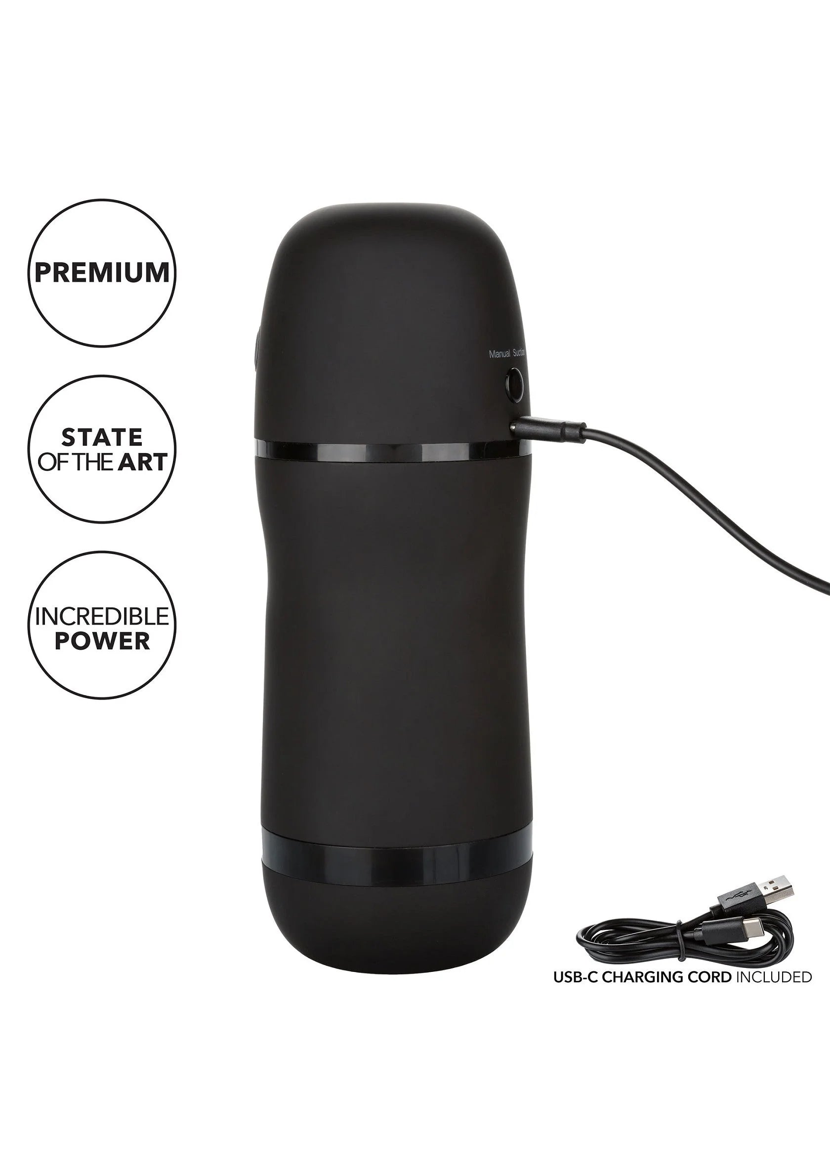 Zwarte masturbator met laadkabel aangesloten, USB-C voor opladen